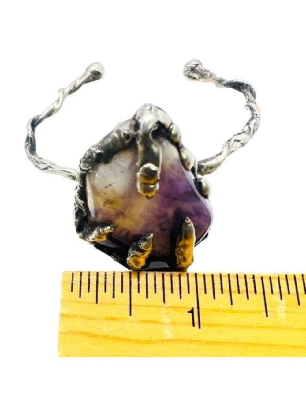 Amethyst Claw Cuff Bracelet - Silver Blend Boho Metalwork | Alma Antigua - Picture 10 of 14
